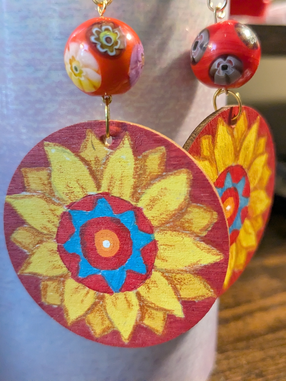 Hand-painted Native American Sunflower Wooden Dangle Earrings